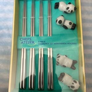 Stainless Steel Chopstick Set with Panda Holders - Silver & White